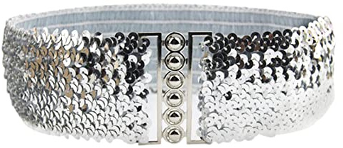 YouU Damen Frauen Elastic Stretch Schnalle Stil Paillettenbesatz Taille Band Gürtel (Silber)
