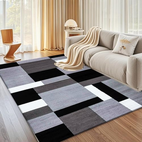 B&B Kilas Rug - Large Fluffy Area Rug Carpet Washable Non-Slip Soft Modern Indoor Shaggy Floor Rug for Living Room, Bedroom, Hallway, Lounge (Grey Black, 120 x 170 cm)
