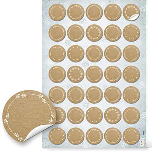 Runde Blanko-Aufkleber, 35er Set: Sticker in Kraftpapier-Optik für Verpackung & Geschenke, Klebeetiketten Hochzeit, Zum Beschriften & Selbst Gestalten, Geschenkaufkleber Braun & Weiß, Klein, Ø 3,2 cm