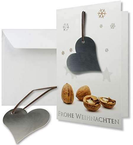 15 tarjetas de felicitación dobles con diseño de cascanueces de acero inoxidable auténtico, forma de corazón y correa de piel, incluyen sobres en color blanco natural, formato DIN B6