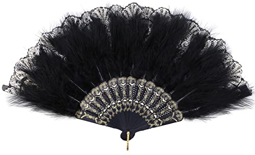Mwoot Embroidered Flower Marabou fjäderfläkt, 1920-tal vintage stil vikbar handgjord fjäderfläkt, flikar handfan för kostym halloween dans bröllop fest prom te party - svart