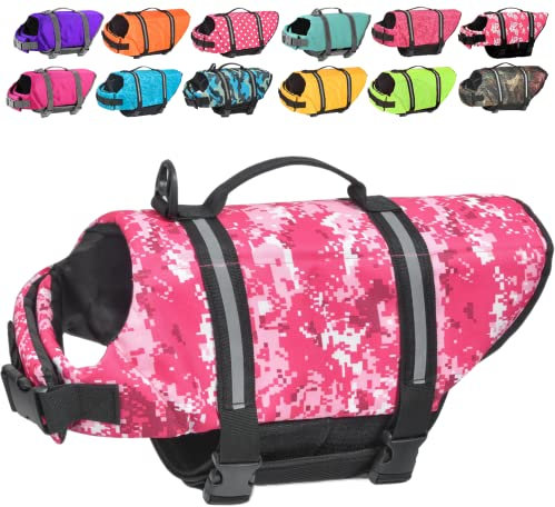 Doglay Giubbotto salvagente per cani, con strisce riflettenti, regolabile, salvagente per cani, con costume da bagno alto galleggiamento, per cani di taglia M, M, rosa mimetico