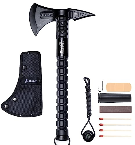 Profi Militär Tomahawk Lizenziertes USMC Plus Survival Kit und Compass Axt für Outdoor und Camping - Erwachsene Campingbeil mit Kopftasche M-X001