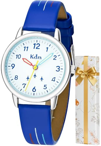 KDM Montre Enfants Montre Pédagogique Apprentissage Filles Garçon Montres Étanche Analogique Quartz Montre Bracelet Cuir Time Teacher, Cadeaux pour Enfant 3-12 Ans, Bleu Blanc