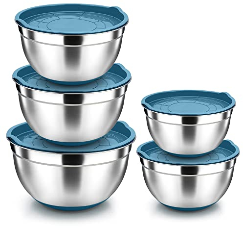 Herogo Rührschüssel, 5-Teilig Edelstahl Salatschüsselset mit Blauem Deckel & Rutschfester Silikonboden, Schüssel Metallschüssel Set zum Backen, Rostfrei & Spülmaschinenfest (4,5/2,7/1,5/1,2/0,7 L)