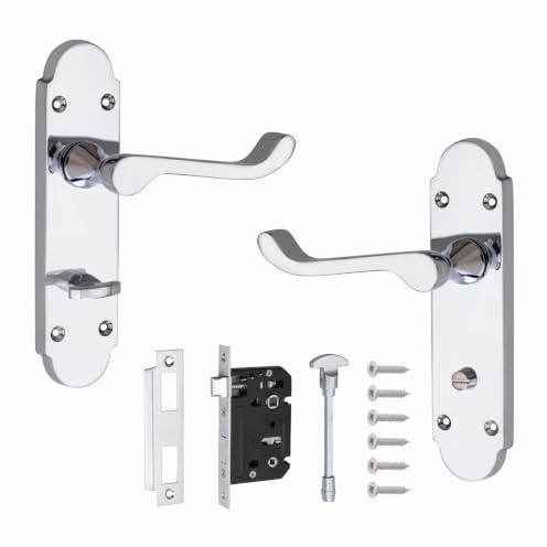 Golden Grace Victorian Scroll Bathroom Handles, Polished Chrome | Supplied with mortise lock, spindle, screws, and thumb turn bar for complete setup on a 170mm x 40mm shaped metal backplate.