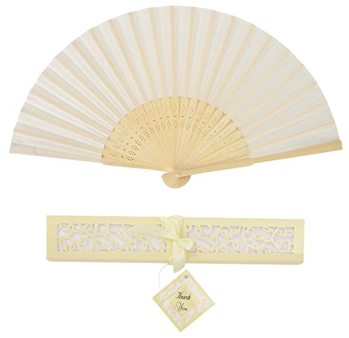Hileyu Handfächer, Seidenfächer Bunt, Seidenstoff und Bambusrippen, Klappbarer Chinesischer Fächer, Handgehaltener Vintage Fächer für Heimdekoration, Hochzeit, Geburtstag, Geschenkbox (Beige)