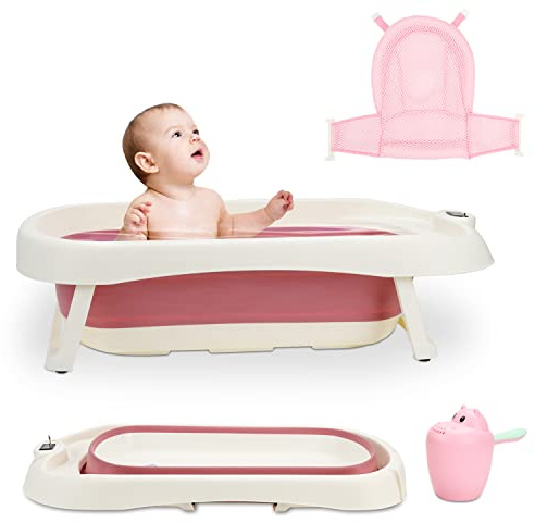 Yakimz Baby Badewanne Faltbar Neugeborene Kleinkind Babywannensitz Faltbare Babybadewanne mit Echtzeit-Temperaturerfassung, Badewanne für Babys mit Baby-Badenetz und Schöpfkelle (Rosa), 1.0 Set