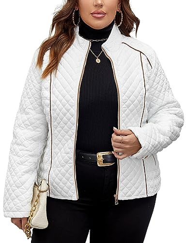 Geschallino Chaqueta Ligera Acolchada para Mujer Talla Grande Abrigo Corto Acolchado con Bolsillos 087PLUS Blanco XXL