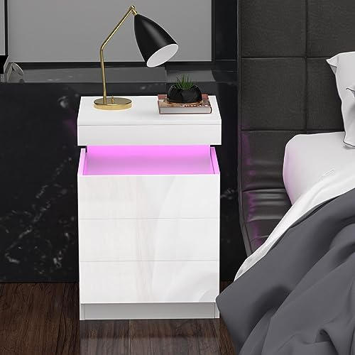 Chleby Moderne Table de Chevet Brillante avec Fonction de Charge Blanc Table de Chevet avec 3 tiroirs pour Chambre à Coucher, Salon