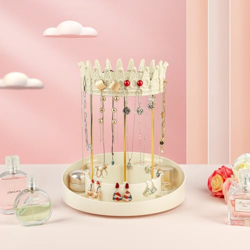 CECOLIC Um 360 ° drehbarer Schmuck-Organizer, Schmuckständer, Kronenförmiger Organizer für Halskette und Armband, Schmuckturm, Uhrenhalter für Frauen und Mädchen (Cremeweiß)