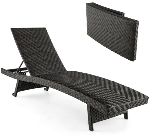 COSTWAY Lettino Prendisole in Rattan PE, Sdraio da Giardino Pieghevole con Schienale Regolabile, Schiuma ad Asciugatura Rapida e Due Ruote, Portata 150 kg, per Balcone Piscina