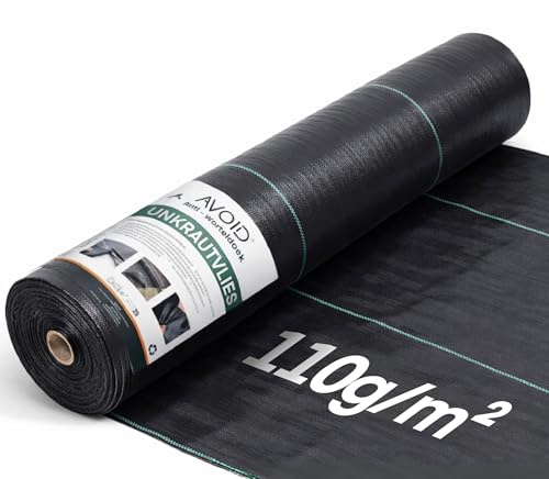 AVOID Unkrautvlies Gartenvlies Unkrautvlies Wasserdurchlässig Schwarz Reißfest Wasser und Luftdurchlässig Unkrautfolie Für Beete Wege Unter Kies, 2x10M, 110gr/m²