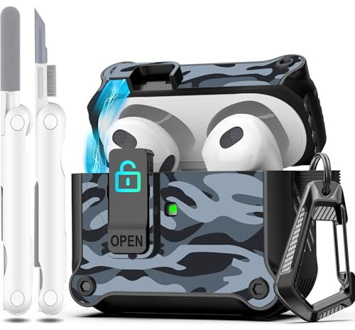 R-fun - Funda para AirPods de 3.ª generación 2021, protección Total contra caídas, Tapa emergente automática para Apple Airpod 3 Gen con Kit de Limpieza y Llavero,Camuflaje Negro