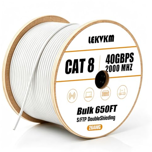 LEKVKM Cat8 Bulk Ethernet Cable 650FT Round S/FTP Outdoor&Indoor Heavy Duty High Speed Cat8 LAN Network Cable 40Gbps 2000Mhz White