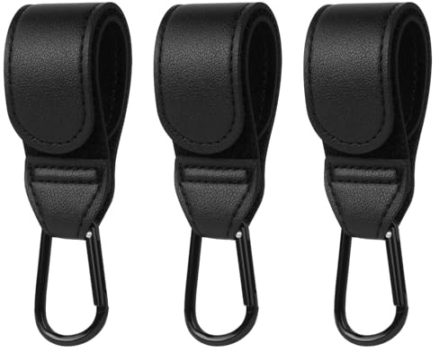 URAQT Ganci Passeggino 3 Pezzi, Nero Ganci per Passeggino Gancio per borsa della spesa, Gancio Passeggino Universale Sicuri Resistenti, Passeggino Accessori in Pelle, Antiscivol, Fino a 5 kg