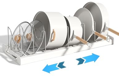 Pfannen Organizer Schublade(Weiß) | Erweiterbar 30,5–56 cm · 7 verstellbare Fächer · Rutschfest · Für Pfannen, Deckel, Backbleche & Schneidebretter