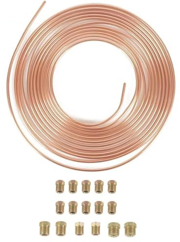 3/16(4.76mm) x 25ft(7.62m) Brake Pipe Copper Coated Steel Tubing with 16 Nuts Fittings, Automotive Replacement Brake Lines Kit, Car Replacement Brake Hose Line Kit, Car Inner Steel Brake Oil Pipe