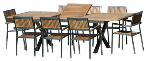 ALEOS. Gartengarnitur Edelstahl Teak Set: Ausziehtisch 200-260x100 cm + 8 stapelbare Sessel Edelstahl Teak A-Grade Holz Sitzgruppe - Gartenmöbel Set 8 Personen Gastronomie Qualität
