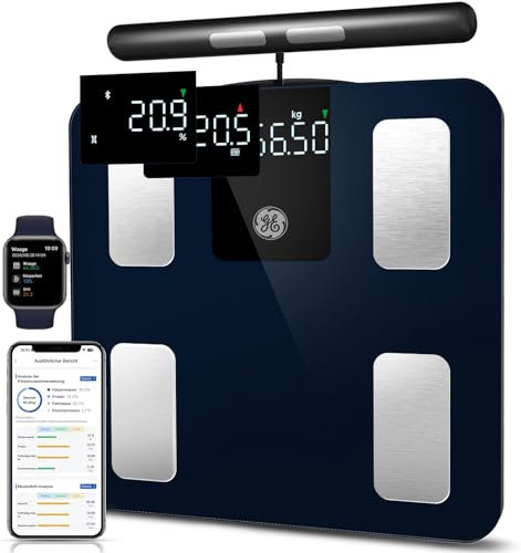 GE Körperfettwaage Smart Waage Personen: Digitale Waage mit Körperfett und Muskelmasse 8-Elektroden Körperfettwaage mit Handsensoren BMI Körpergewicht Muskelmasse Analysegerät,180 kg/400 lbs