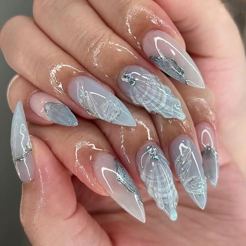 Light Blue False Nails Almond, SXVME Acrylic Press On Nails Medium Short Almond, Cute Fake Nails Press ons With 3D Sculpting Design Rhinestones Full Cover Luxury Glue On Nails Medium For Women 24 Pcs