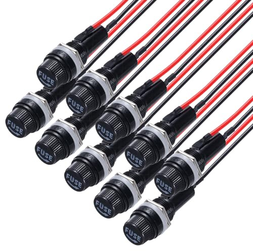 QUARKZMAN 10Pz Portafusibile a Pannello 6x30mm AC 250V 10A/AC 125V 15A Portafusibili a Cappuccio a Vite con Fili Pre-Saldati, Porta a Forma Rotonda