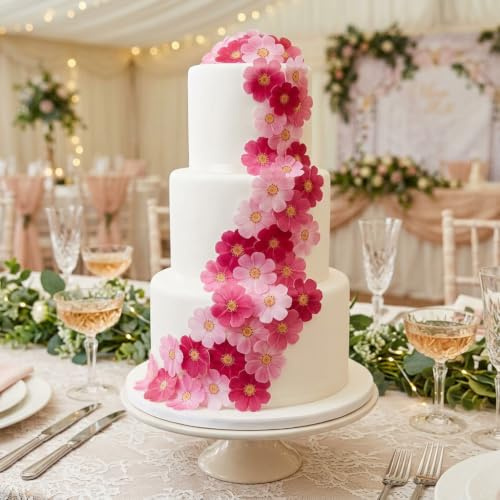 Anglesit Pre-Cut Beautiful Gradient Pink Mixed Size Flowers Edible Rice Wafer Paper Cupcake Toppers Cake Decorations Birthday Wedding Party Celebration (Pink)