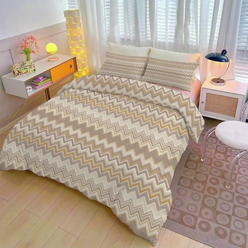 PNHCL Jugendliche Bettwäsche Set 180 x 200 cm Streifen Geometrisch Bettbezug Set 3 Teilig, Weiche Microfaser Wende Beige Stammes- Bohemien Bettwäsche mit Reißverschluss und 2 Kissenbezüge QA-207