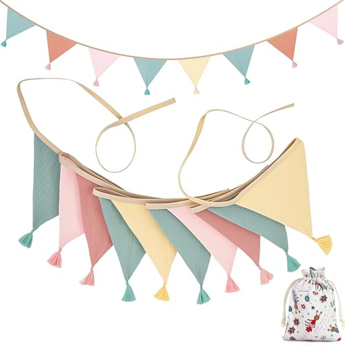 Fabric Bunting Banner 3.3M with 10 Double-Sided Cotton Flags and Tassels, Triangle Bunting, Baby Nursery Triangle Garland for Girls Bedroom, Birthday Party, Baby Shower with Storage Bag