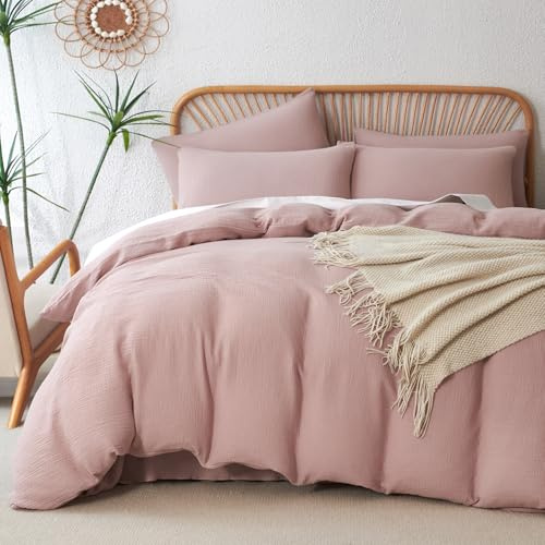 Jane yre Duvet Cover Queen Light Champagne Luxury Soft 100% Cotton Double-Layer Crinkle Gauze Light Champagne Duvet Cover, 3 Pieces Bedding for All-Season, Luxury Breathable Comfy