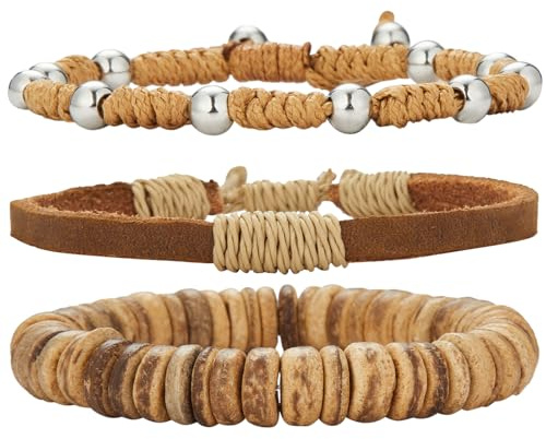 Dazylleco Bracciale Uomo Set Braccialetti in Pelle e Corda Intrecciata e Perline Bracciale Multistrato Regolabile Gioielli Regalo per Festa del Papà(82-Camel)