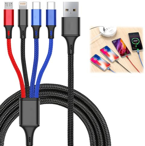 4-in-1 Multi Charging Cable, 1.3m Long Dual Nylon Braided Fast Charger with Dual, USB-C, Micro USB Ports for iPhone, Samsung Galaxy, Huawei, and More - Quick Charge & Data Sync