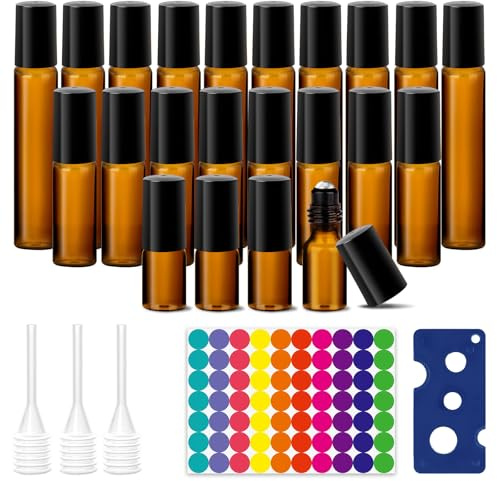GOTDYBST 22Pcs Essential Oil Roller Glass Bottles, 3 capacities: 3/5/10ml | Amber Empty Bottles with Stainless Roller balls, For Essential Oils, Aromatherapy & Skincare