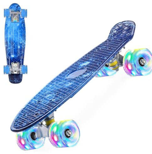 ERNAN Skateboard 22in Mini Cruiser Skateboard Completo retrò per bambini, ragazzi, adolescenti, adulti, principianti, ruote luminose a LED,carico massimo 99,8 kg (Deep blue)