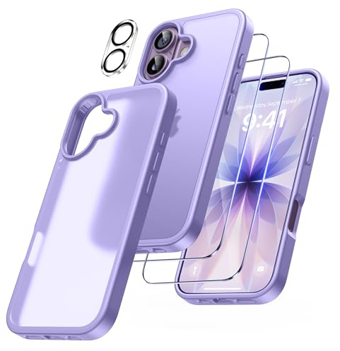 FLLAO 5 en 1 Funda para iPhone 17 con 2 Protector Pantalla y 2 Protector Lente Cámara, [Almohadilla de Aire integrada] Antigolpes Antiarañazos Phone Carcasa 6,3 Pulgadas, Violeta Claro