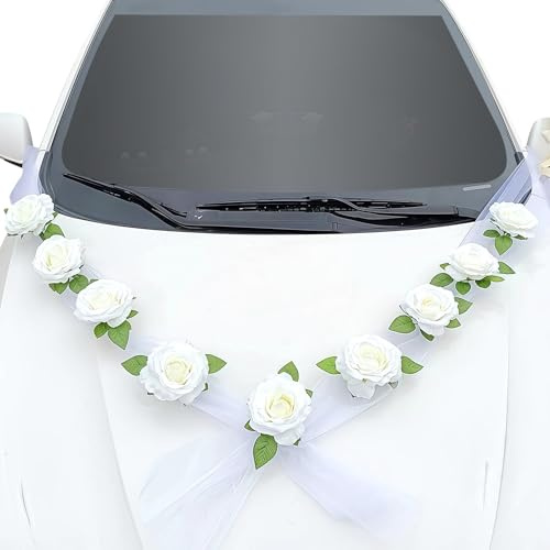 Autoschmuck Hochzeit Deko, Autoschleifen Auto Deko Hochzeitsdeko Autoschmuck Motorhaube Braut Paar Rose Blumenschmuck Wedding Girlande für Hochzeit Party (Weiß 1)