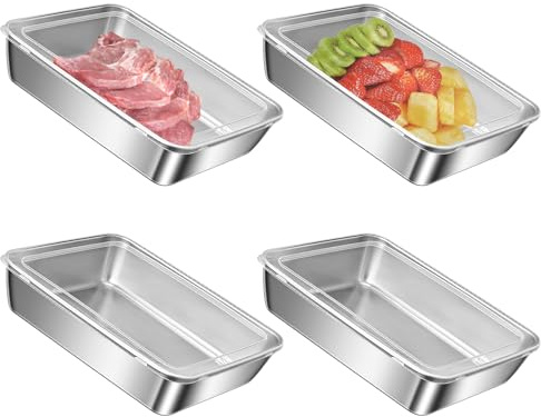 4 Stück Aufschnittbox Fresh Edelstahl, 25 x 20 x 5 cm Aufschnittboxen für Kühlschrank, Edelstahl Behälter Box mit Plastic Deckel, Stapelbar Lebensmittel Aufbewahrungsbox für Wurst, Käse, Fleisch