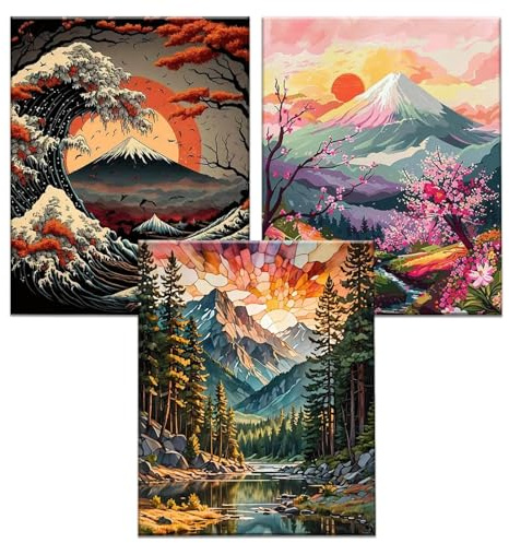 JATOK 3 Packs Paint by Number for Adults - 16x20in/40x50cm, Painting on Rolled Colored Canvas for Beginners, Easy DIY Acrylic Pigment Drawing Paintwork for Home Wall Decor, Landscape (No Frame)