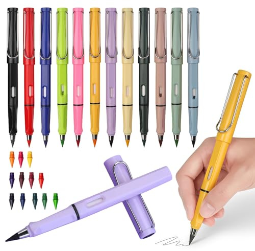 Yolkify Infinity Pencil, 12 Pcs Inkless Pencils, Everlasting Pencil with Eraser and 12 Replaceable Graphite Nib, Reusable Unlimited Writing Pencil for Student, Adult, Kids, Artist Writing, Drawing