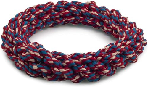 ECO FRIENDLY Recycled T-Shirt Rope Dog Toy, Knotted Ring Tugger, Red, Blue and Black, Massages Gums and Cleans Teeth, Large 25cm, Interactive Tug of War Play , Puppy Chew, Throw, Fetch Tug Toy - LARGE