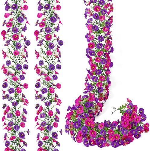 DEMIUKO 2 Stück Lila Blumengirlande Künstlich Blumen Girlande Herbst Deko | Petunien Blumen Girlande, Hängenblumen, Kunstblumen wie echt, Morning Glory Seidenblumen, Garten Party Balkon Hochzeit Deko