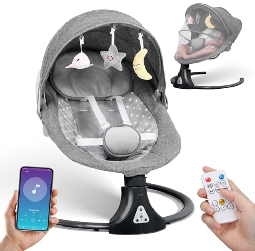 Baby Swing Chair with Bluetooth Remote Control, Cordless 5-Speed Levels 12 Lullabies & 3 Timers | 3 Adjustable Angles | 5-Point Harness, Electric Portable Newborn Rocking for Newborn Boys & Girls