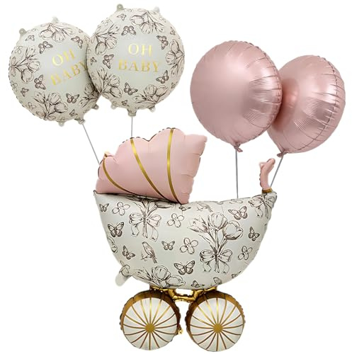5 Stück Deko Babyparty Mädchen, Vintage Babywagen Ballon, Oh Baby Deko | Rosa Gold Baby Shower deko, Babyparty Luftballons für Geschlecht Offenbarung Party, Kinderzimmer Party Dekoration