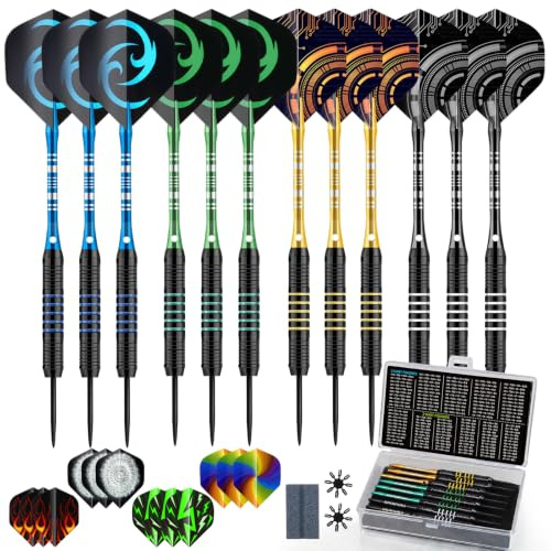 HUANQU Dartpfeile Set 12 Stück 24g Steeldarts mit Metallspitze – Dartpfeile Profi mit Aluminium Shafts, 12 Flights, Dart Schleifstein, Darts Zubehör Tasche Set, Dart Geschenke für Männer