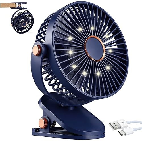 Portable Clip on Fan, 4000mAh 3 In 1 Mini Desktop Fan, Quiet Rechargeable Table Fan with LED Lights, 720° Rotation, 5 Speeds Ideal for Home Office, Bedroom, Desk Top, Stroller, Camping, Travel (Blue)