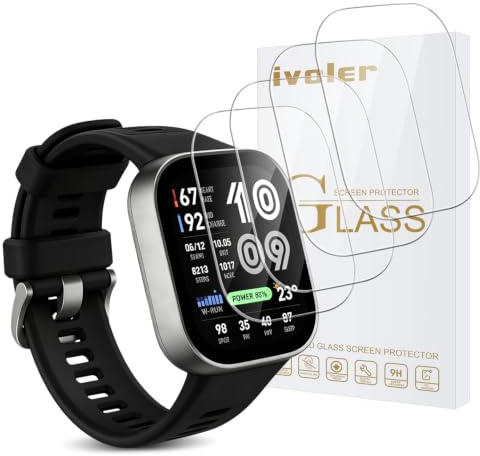 ivoler 4 delar skärmskydd för Amazfit Bip Max, härdat glas repskydd, 9H hårdhet, anti-fingeravtryck, transparent HD, bubbelfri
