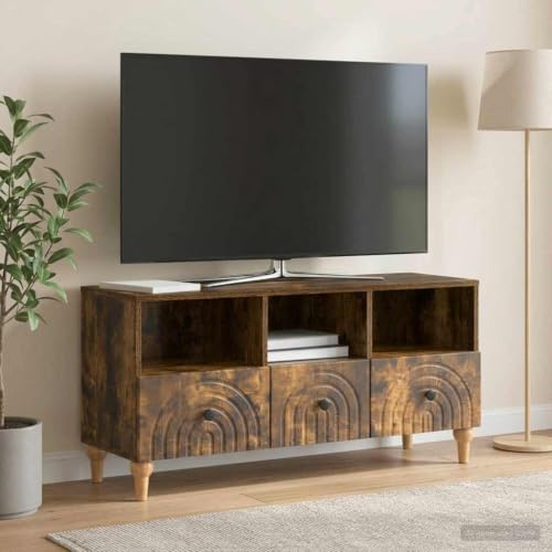 Boltkex TV-skåp rökt ek av trämaterial 102 x 34,5 x 50 cm med 3 lådor, 10 cm benhöjd, lagringsutrymme för TV, hemmabio och vardagsrum