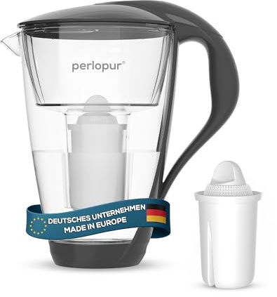perlopur® Glas-Wasserfilter (anthrazit) +1 Filterkartusche Universal | Borosilikatglas, 2 l gesamt, 1 l gefiltert, LED-Anzeige, für classic Kartuschen, reduziert Kalk, Chlor & andere Schadstoffe