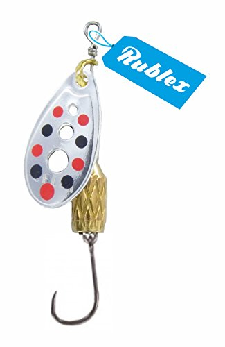 Rublex - Pack de 5 Cucharillas de Pesca C-Turbo-2 APRN | Cebo Artificial de Pesca con Anzuelo Simple sin Muerte, Sistema de Clip y Acción de Giro Mejorado, Plata Puntos Rojos Negros, 3,5gr