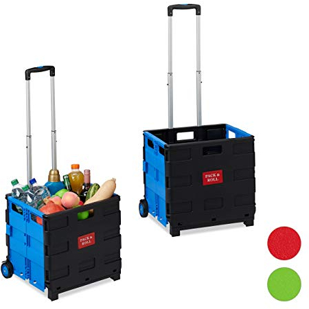 Relaxdays 2 Carritos Compra Plegables, 2 Ruedas, Cajas Transporte, hasta 35 kg, 98 x 45,5 x 37 cm, Plástico-Aluminio, Azul